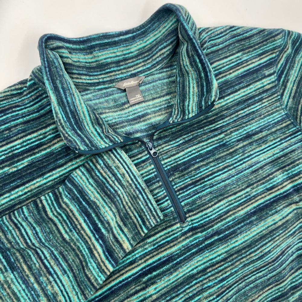 Eddie Bauer Women's 2XL Teal Blue Space Dye Striped 1/4 Zip Fleece‎ Pullover